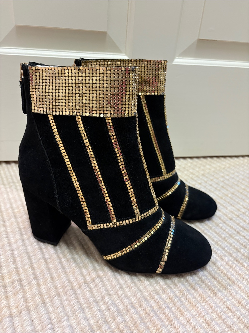 CECELIA NEW YORK demetri Black Suede Ankle Boots with Gold Sequin Trim